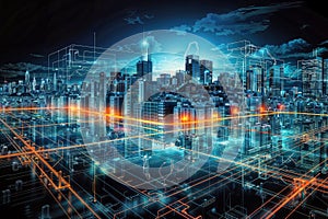 Digital cityscape with mesmerizing energy flows. Generative AI