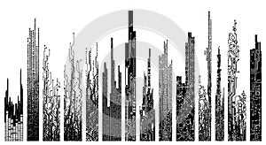 Digital Cityscape Skyline with Circuit Board and Binary Code Elements
