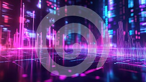 Digital cityscape visualizing data processing and technology networks