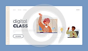 Digital Class Landing Page Template. Kids Studying Remotely, Children Learn at Home School, Web E-learning, Knowledge