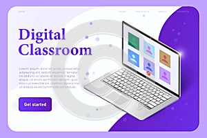 Digital classroom landing page template with realistic 3d laptop with student profiles. online lesson in voice call