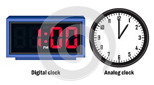 Digital clock and analog clock time 01.00, vector
