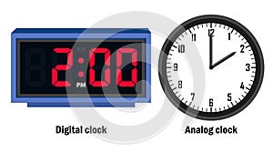 Digital clock and analog clock time 02.00, vector