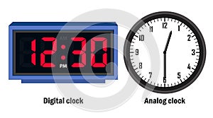 Digital clock and analog clock time 12.30 vector
