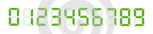 Digital clock number set. Green Led digit set. Electronic figures. Vector illustration