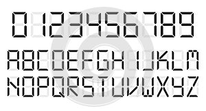 Digital clock number set. Led digit alphabet. Flat vector illustration isolated on white