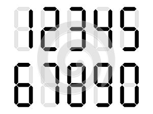 Digital clock numbers set. Electronic figures. Black digital calculator numbers. Vector illustration