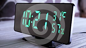 Digital Clock Showing Time on Green Display 10:21 AM, Temperature, Air Humidity