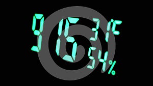 Digital Clock Showing Time on Green Display 9:15 AM, Temperature, Air Humidity