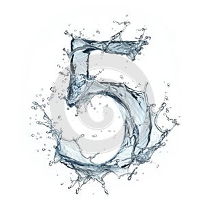 Digital close-up on white background in water spray. Number 5 made from water splashes. Blue water splash alphabet photo