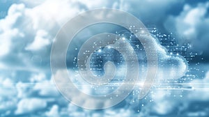 Digital cloud in a blue sky with binary code, representing cloud computing and technology integration for modern data management