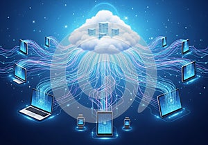 A digital cloud central above multiple electronic devices, including