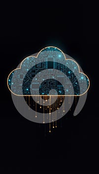 Digital cloud with circuit board pattern and falling data streams, technology concept.
