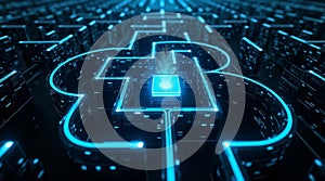 Futuristic digital cloud circuit with glowing maze and data burst, concept of AI and cloud computing