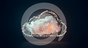 A digital cloud composed of interconnected nodes and lines forms an artificial