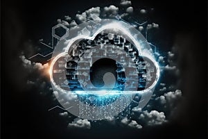 Digital cloud and computer circuit board on black background, created using generative ai technology