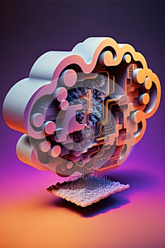 Digital cloud with computer circuit board on neon background, created using generative ai technology