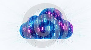 Digital cloud computing with binary code and glowing data streams