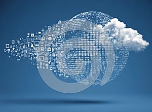 Digital cloud computing concept with binary code and icons representing data transfer, illustrating the connection between