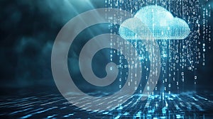 Digital cloud computing concept with binary code raining down in a dark, futuristic environment