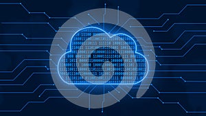 Digital cloud computing concept in blue - binary code into data cloud between information connecting lines