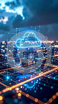 Digital Cloud Computing Concept with Cityscape and Connected Network Lines