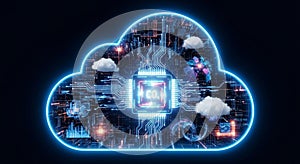 Digital Cloud Computing Concept with CPU and Data Streams technology