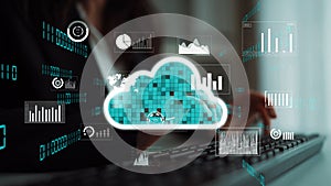 Digital cloud computing concept with data visualization, analytics graphs, and charts on a modern keyboard background