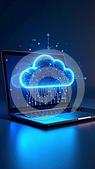 Digital cloud computing concept displayed on a laptop screen with glowing elements.