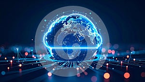 Digital cloud computing concept with globe and data streams, network technology.