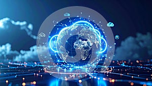 Digital cloud computing concept with globe and network connections, data technology
