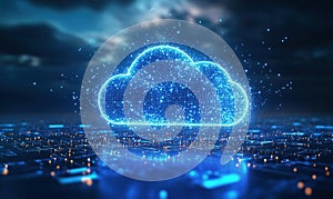 Digital cloud computing concept with glowing blue particles and circuit background