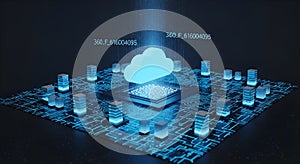Digital cloud computing concept with glowing circuit board and data flow, technology network