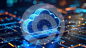 Digital cloud computing concept with glowing circuit board and data transfer