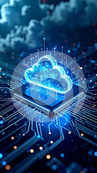 Digital cloud computing concept with glowing circuit board and data transfer
