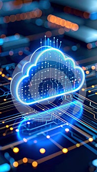 Digital cloud computing concept with glowing circuit board design and data transfer