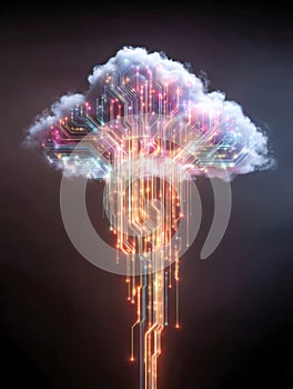 Digital cloud computing concept with glowing circuit lines flowing downward from a cloud-shaped network node against a dark