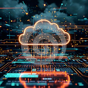 Digital cloud computing concept with glowing connections and data streams.