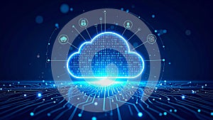 Digital cloud computing concept with glowing data and circuit board.