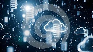 Digital cloud computing concept with glowing data icons