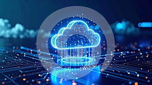 Digital cloud computing concept with glowing lines and circuit board background.