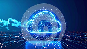 Digital cloud computing concept with glowing lines and data transfer.