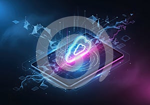 Digital cloud computing concept with glowing neon light on a tablet screen
