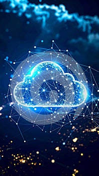 Digital cloud computing concept with glowing network connections and data transfer