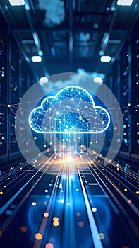 Digital cloud computing concept with glowing network lines in data center