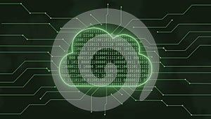 Digital cloud computing concept in green - binary code into data cloud between information connecting lines