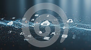 Digital cloud computing concept with icons linked by lines, set against a dark, gradient