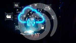 Digital Cloud Computing Concept with Icons Representing Data Security, File Storage, and Internet Connectivity in a