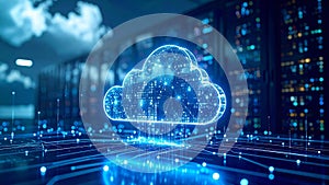 Digital cloud computing concept with illuminated server racks and data transfer