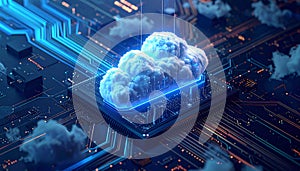 Digital Cloud Computing Concept on a Microchip with Circuitry technology data